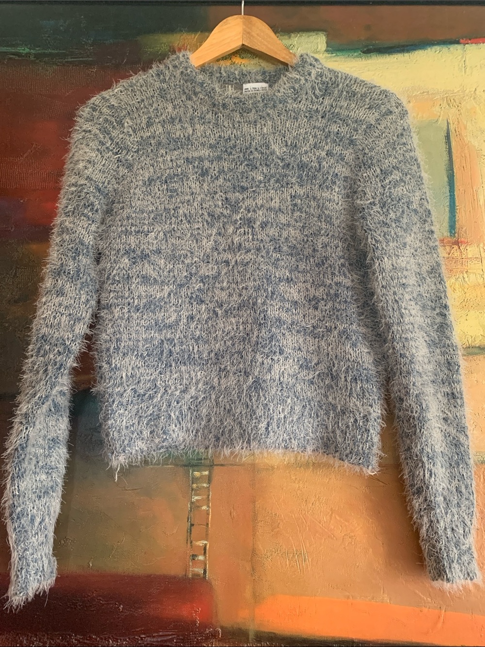 Cozy Shaggy Textured Blue & Cream Marled Eyelash Knit Sweater, Sz L